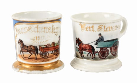 LOT OF 2: HORSE-DRAWN WAGON SHAVING MUGS