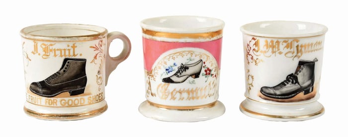 LOT OF 3: SHOE SALESMAN SHAVING MUGS