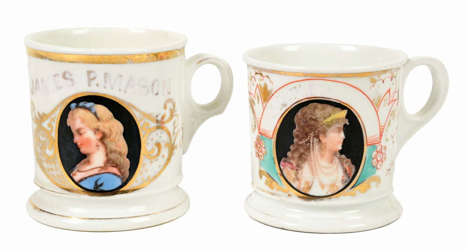LOT OF 2: PORTRAIT SHAVING MUGS.: Both mugs include portraits of women in fine dress. Condition: (Excellent). Dimensions: Largest: 4 - 3/4" x 3 - 3/4" x 3 - 3/4".