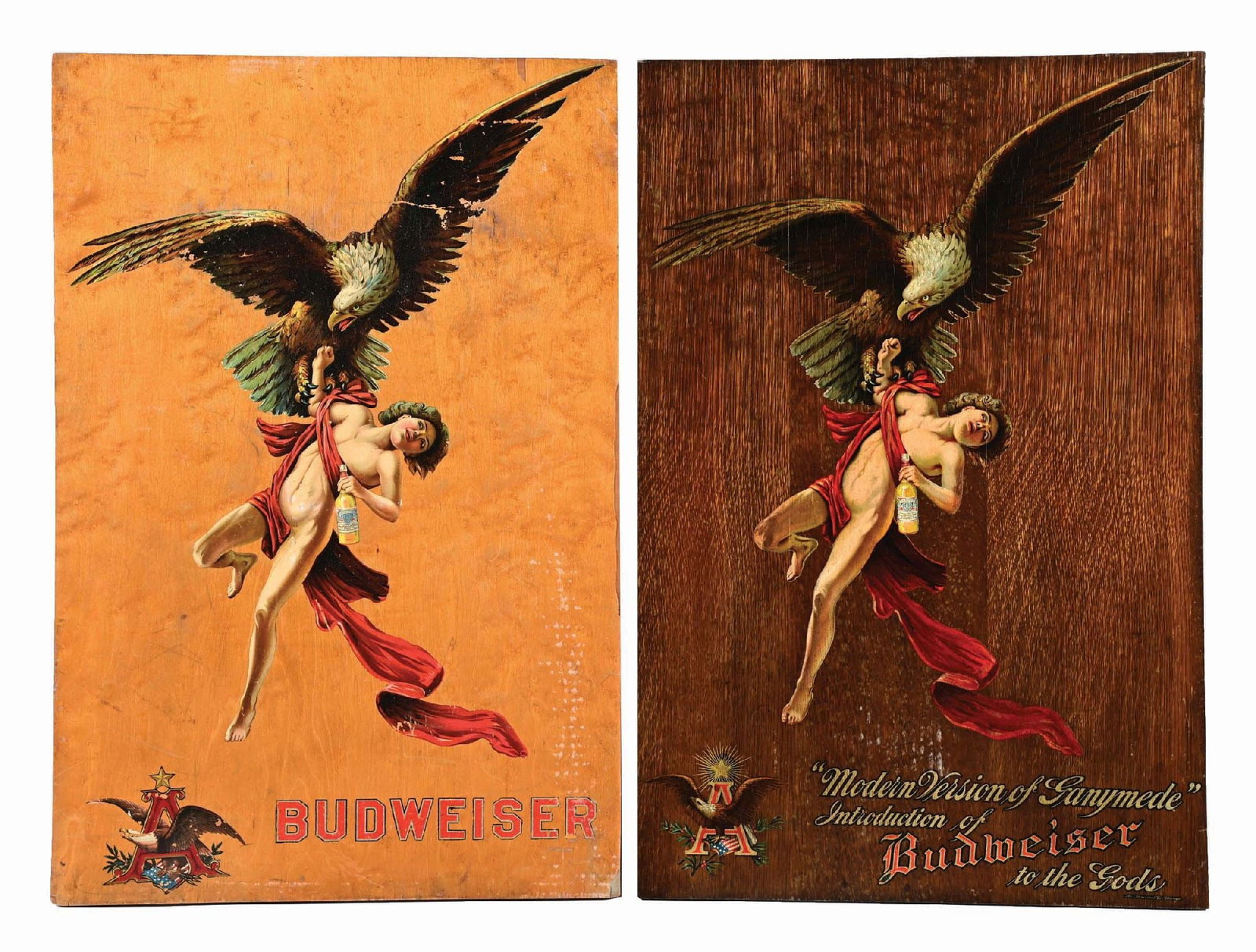 PAIR OF BUDWEISER DECAL TRANSFER ON WOOD SIGNS: Pre-Prohibition. C. 1900s. CONDITION: Two of the Ganymede version signs. (A) Dark "Modern Version of Ganymede" shows some general wear to the wood with spidering through the decal, primarily in the la