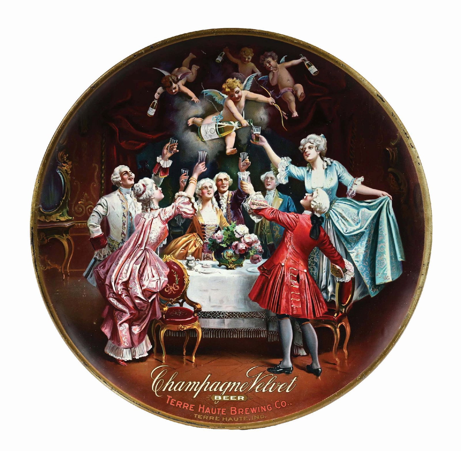 CHAMPAGNE VELVET BEER CHARGER: A Pre-Prohibition cherub scene with nice vibrant color. CONDITION: Some scratching on the outside edges and rim. Condition: (7.5). Dimensions: 24" Dia.