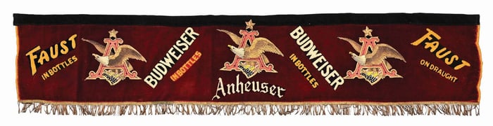 ANHEUSER-BUSCH BUDWEISER & FAUST IN BOTTLES VELVET FRINGED HANGING BANNER