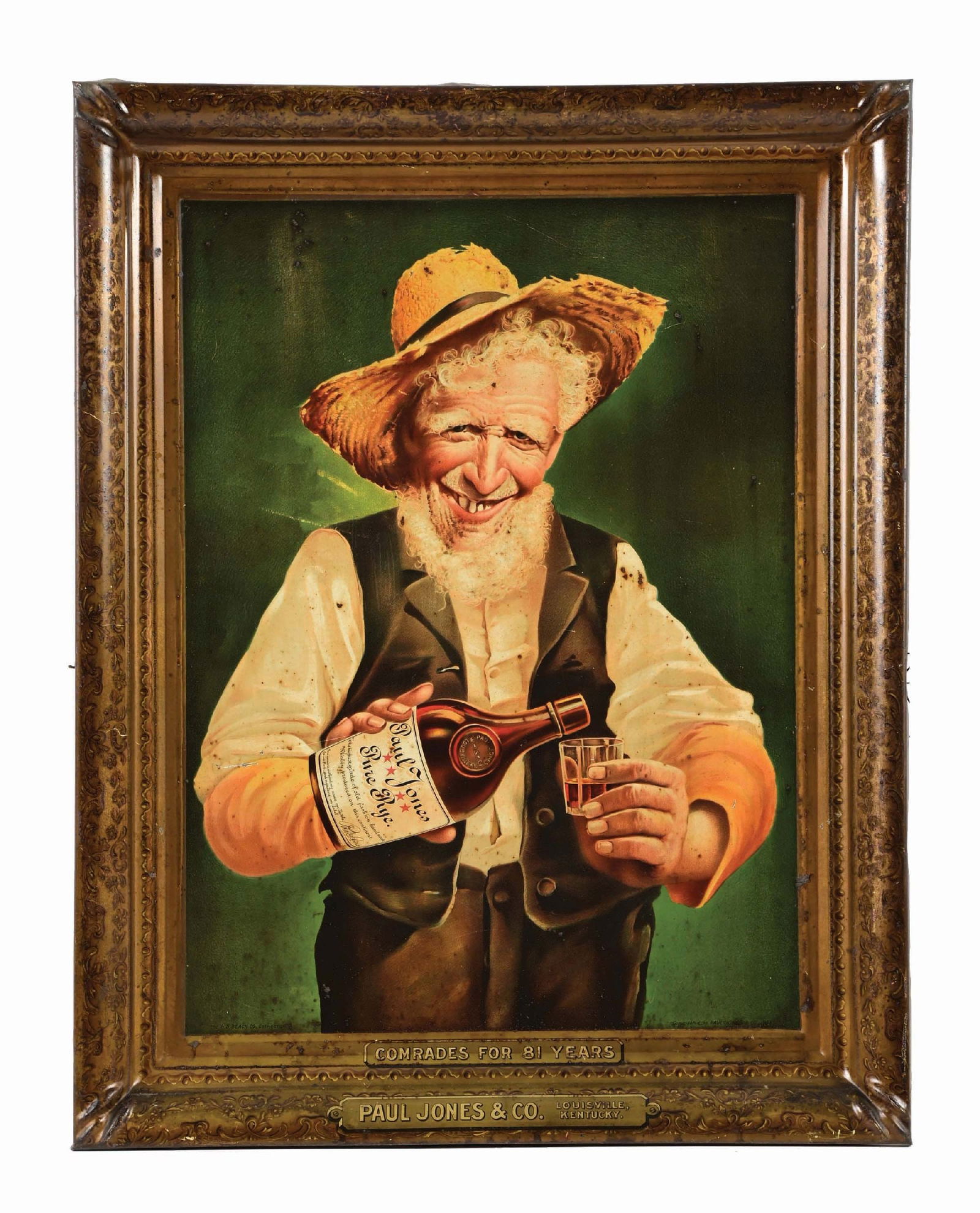 PAUL JONES PURE RYE WHISKEY SELF FRAMED TIN LITHOGRAPH SIGN (1 of 4)