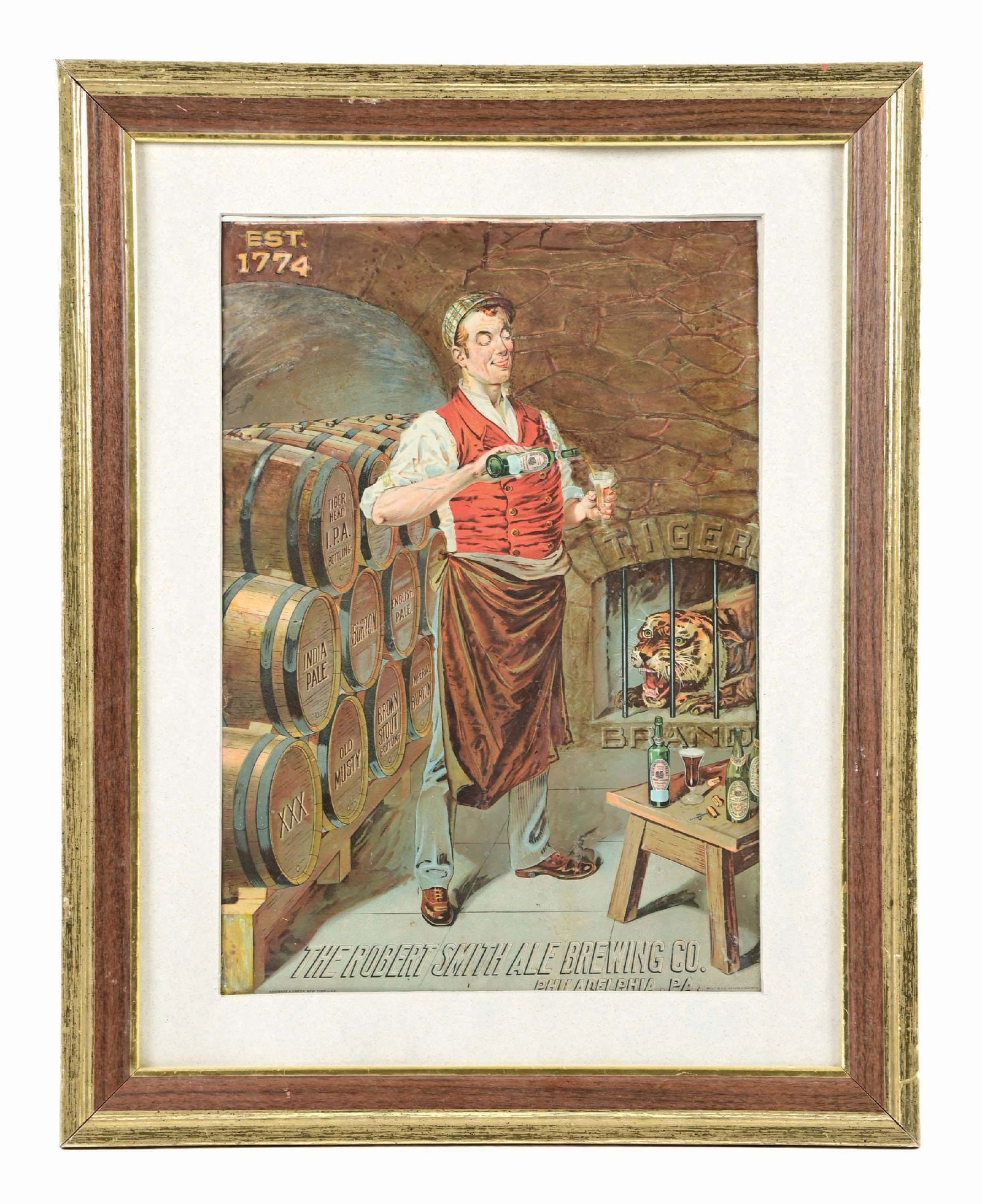 THE ROBERT SMITH ALE BREWING CO. PAPER LITHOGRAPH SIGN: Pre-Prohibition. C. early 1900s. Philadelphia, PA. Great scene of a tiger in a cage behind man pouring beer from labeled bottle. Colors are solid. CONDITION: Shows some wear with restoration. Signific