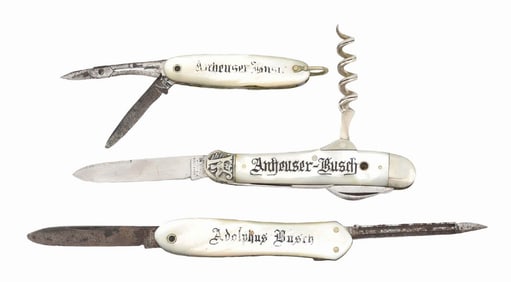 LOT OF 3: MOTHER OF PEARL & ADOLPHUS BUSCH POCKET KNIVES