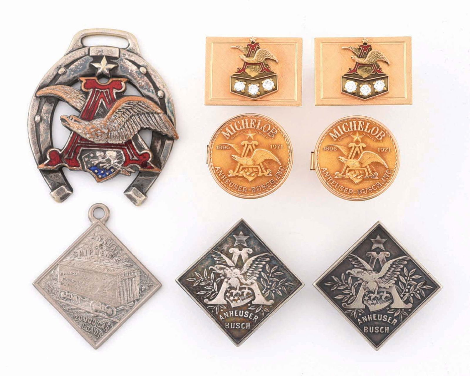 LOT OF 8: ANHEUSER-BUSCH & MICHELOB CUFF LINKS, PENDANTS, FOBS & BUTTONS (1 of 2)