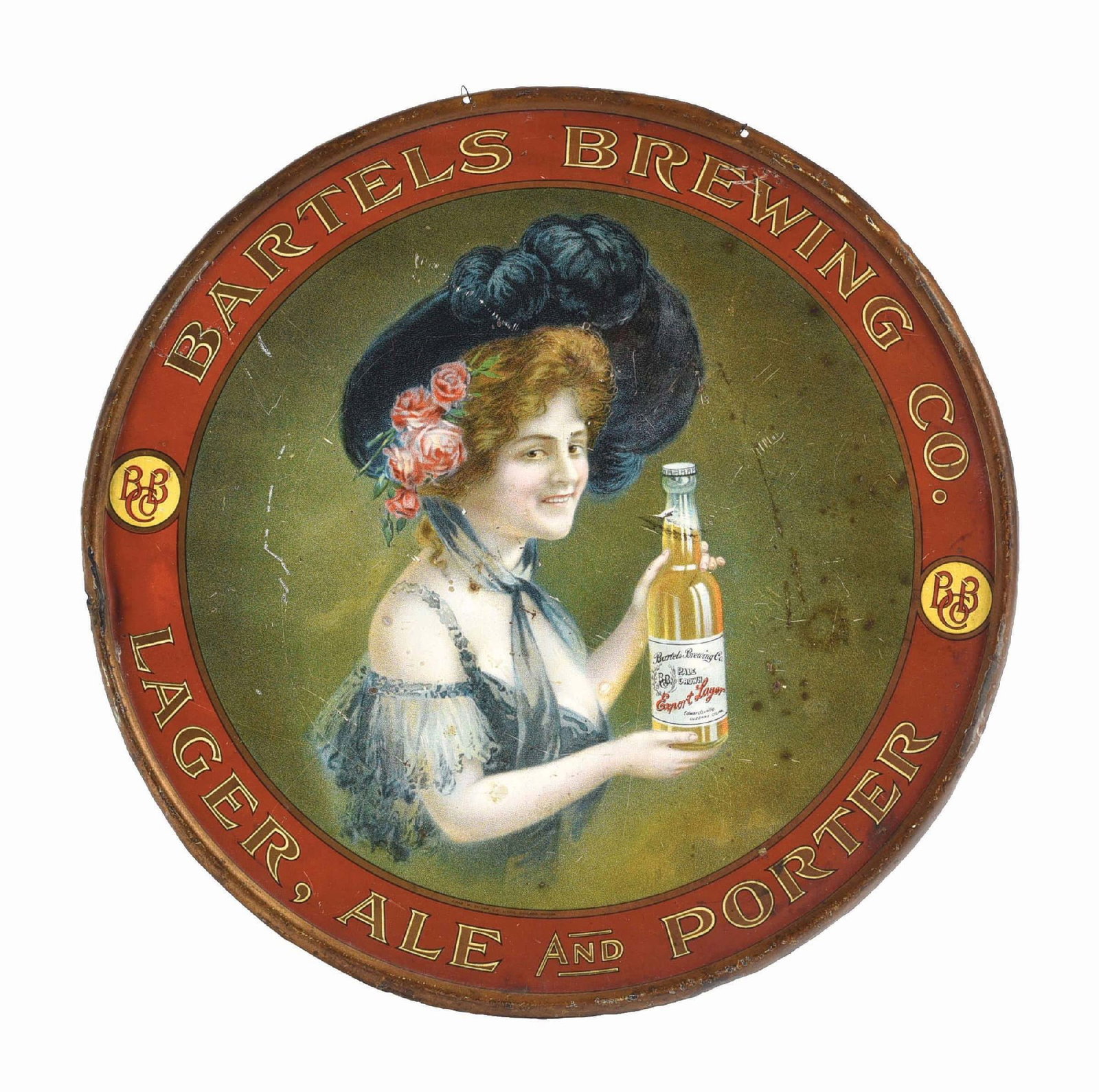 BARTELS BREWING CO. VICTORIAN FLAT CHARGER SIGN: Pre-Prohibition. Sign is marked "Edwardsville Luzerne County PA" on the labeled bottle. It was manufactured by the Chas W. Shonk Company. CONDITION: The sign displays well, but has some scratching and