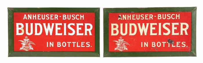 PAIR OF ANHEUSER-BUSCH BUDWEISER IN BOTTLES TIN OVER CARDBOARD SIGNS