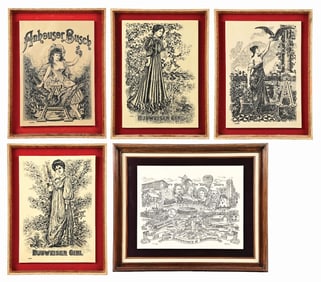 LOT OF 5: ANHEUSER-BUSCH BUDWEISER GIRL ALABASTER ETCHED SIGNS