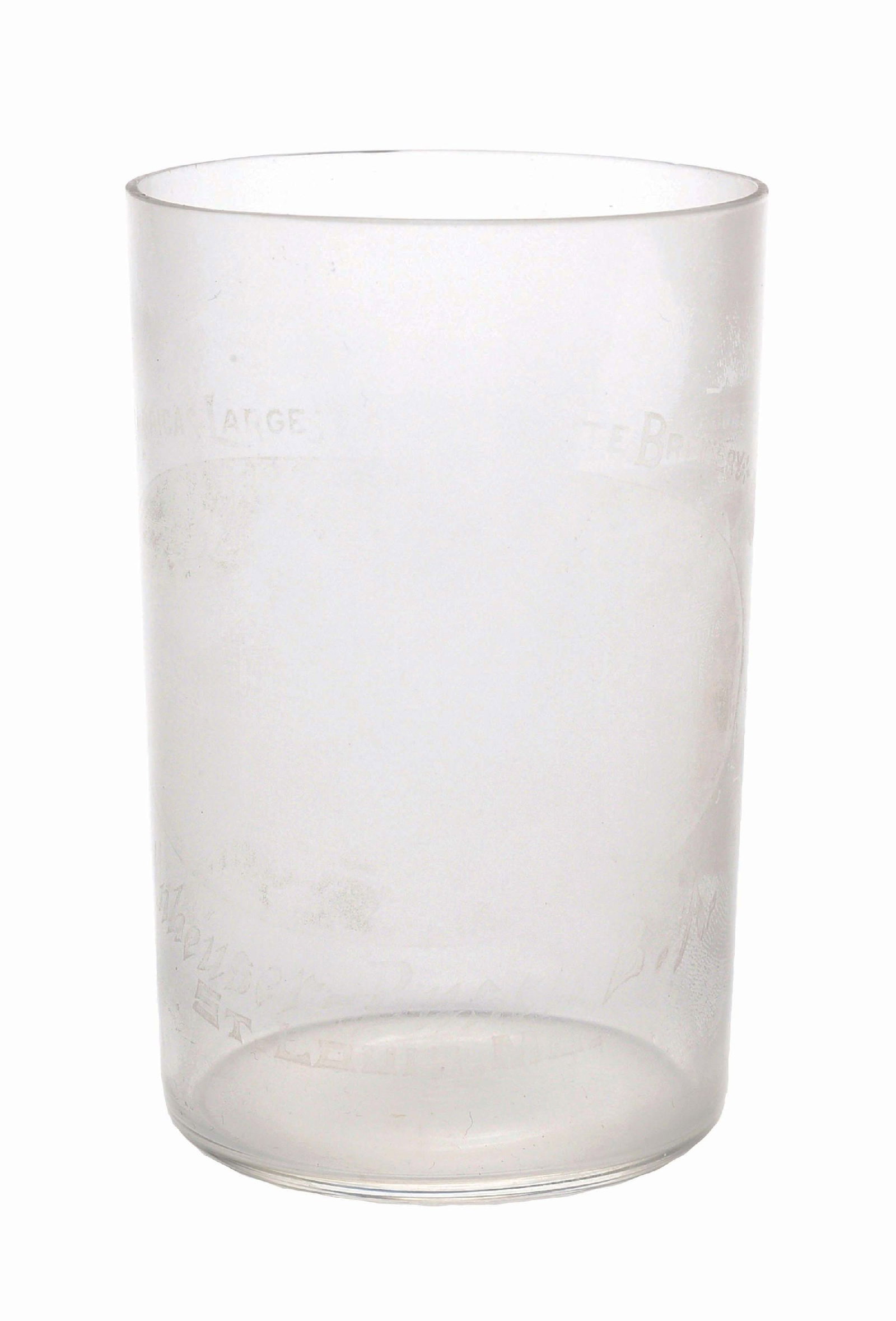 ANHEUSER-BUSCH FACTORY SCENE ACID-ETCHED GLASS: Pre-Prohibition. "America's Favorite Brewery." Incredibly rare glass. CONDITION: Strike is all there, but has significant fade. No chips or cracks to the glass. Condition: (5.0 - 6.0) Dimensions: 2 - 