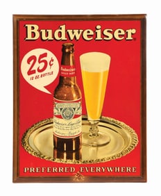 ANHEUSER-BUSCH BUDWEISER 25¢ LABELED BOTTLE TIN OVER CARDBOARD SIGN