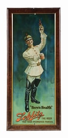 SCHLITZ BEER SELF FRAMED TIN LITHOGRAPH "HERE'S HEALTH" SIGN