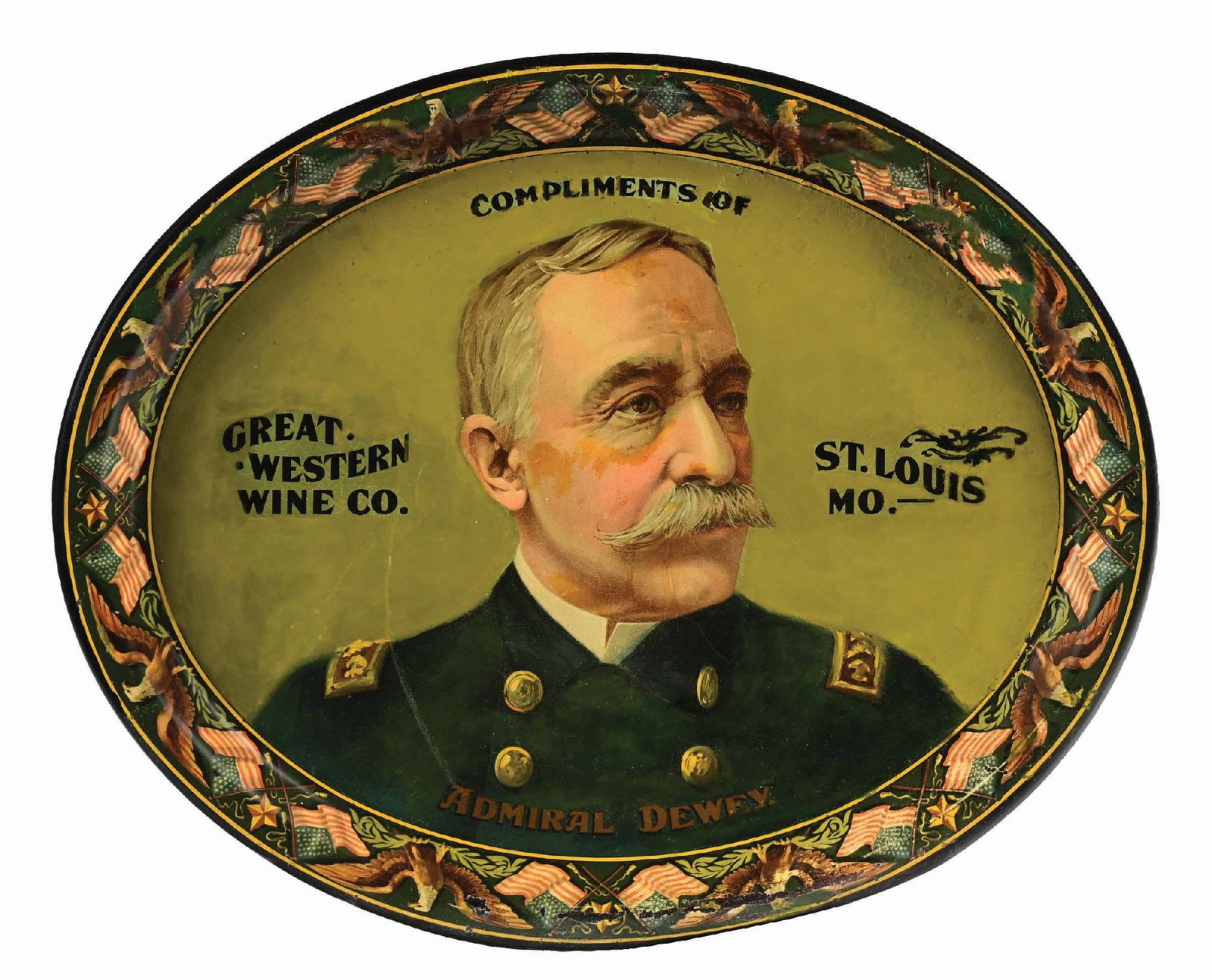 GREAT WESTERN WINE CO. ADMIRAL DEWEY TRAY: Pre-Prohibition. St. Louis, MO. Extremely rare wine tray. CONDITION: Tray has restoration throughout, especially through lettering and numerous spots through Admiral Dewey onto the rim. Has a good loo