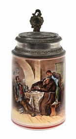 MONKS PLAYING CARDS PAINTED IMAGE STONEWARE STEIN