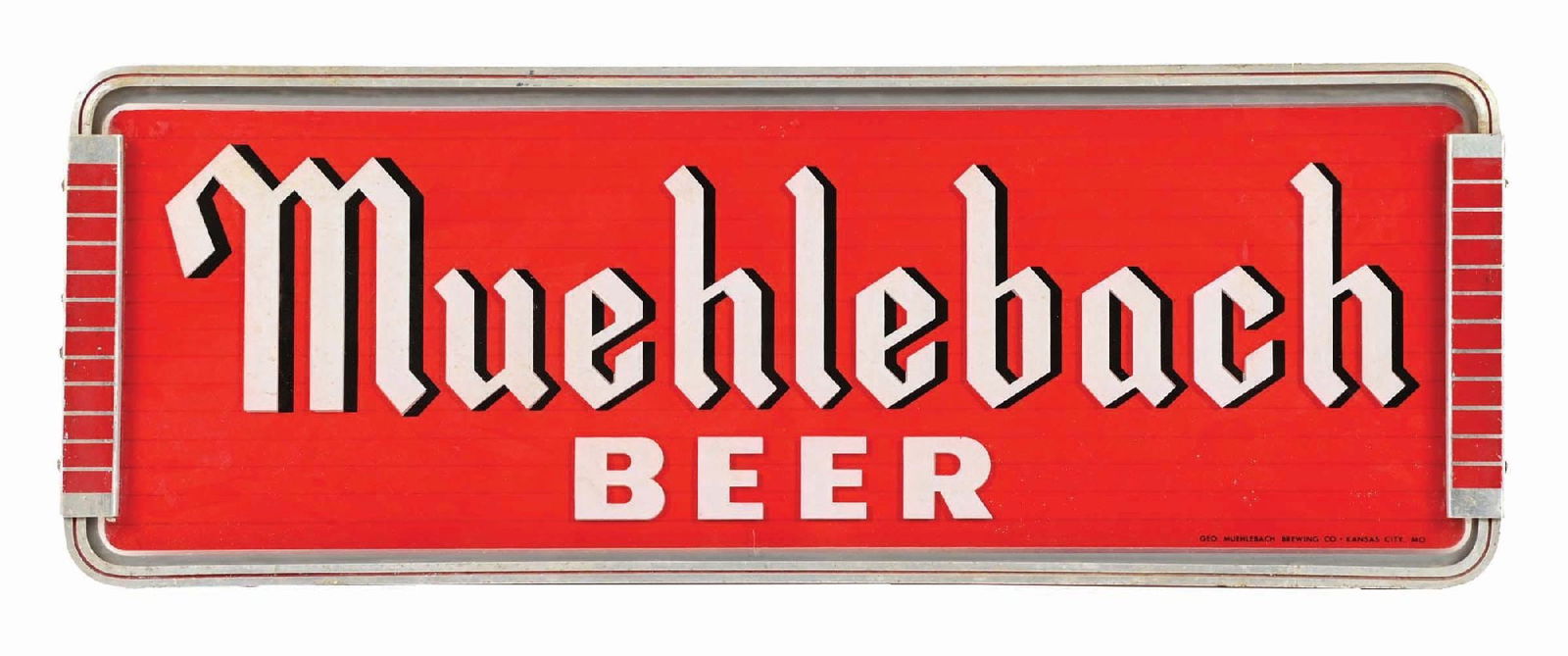 MUEHLEBACH BEER REVERSE GLASS ART DECO SIGN: C. 1940s. Kansas City, MO. Heavy reverse glass painted sign and original Art Deco metal frame. CONDITION: Colors are bright. Shows some light wear and staining through lettering. Some minor paint spla