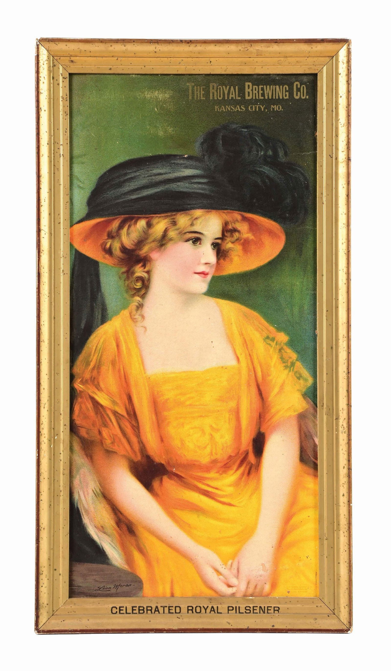 THE ROYAL BREWING CO. LITHOGRAPH CARDBOARD SIGN: Pre-Prohibition. Early 1900s. Kansas City, MO. Artist marked "Leon Moran" in the bottom left corner. Marked in the bottom right corner, "From Painting Copyrighted By Kauffman & Strauss Co. N.Y. Printe