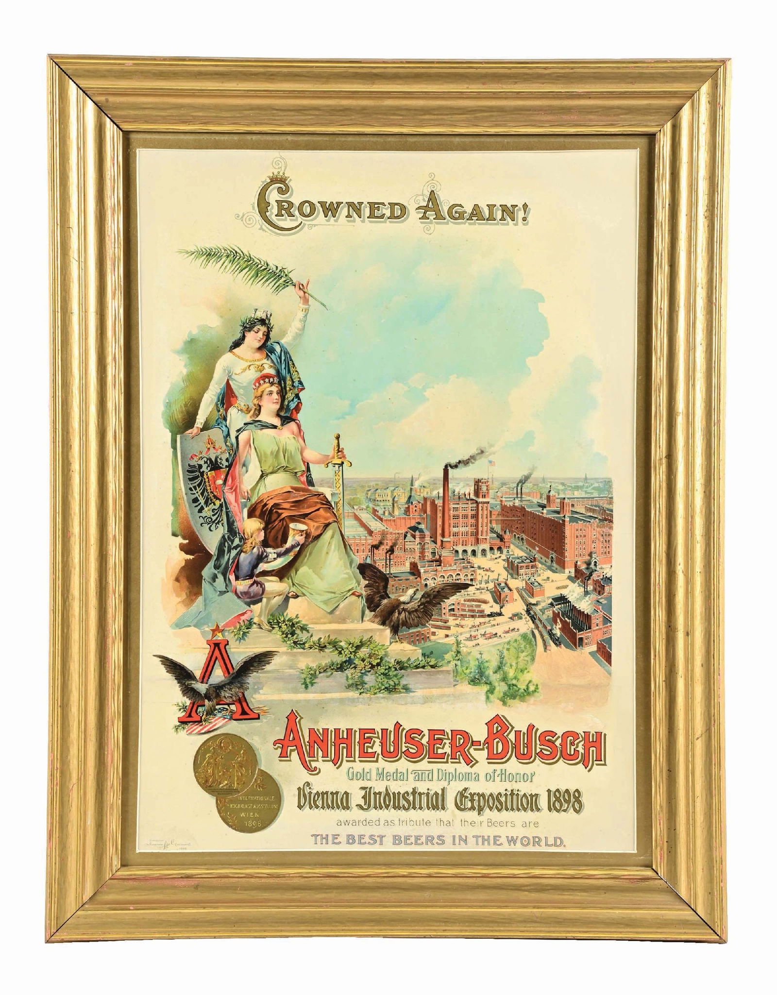 ANHEUSER-BUSCH "CROWNED AGAIN!" FACTORY SCENE CARDBOARD LITHOGRAPH (1 of 3)