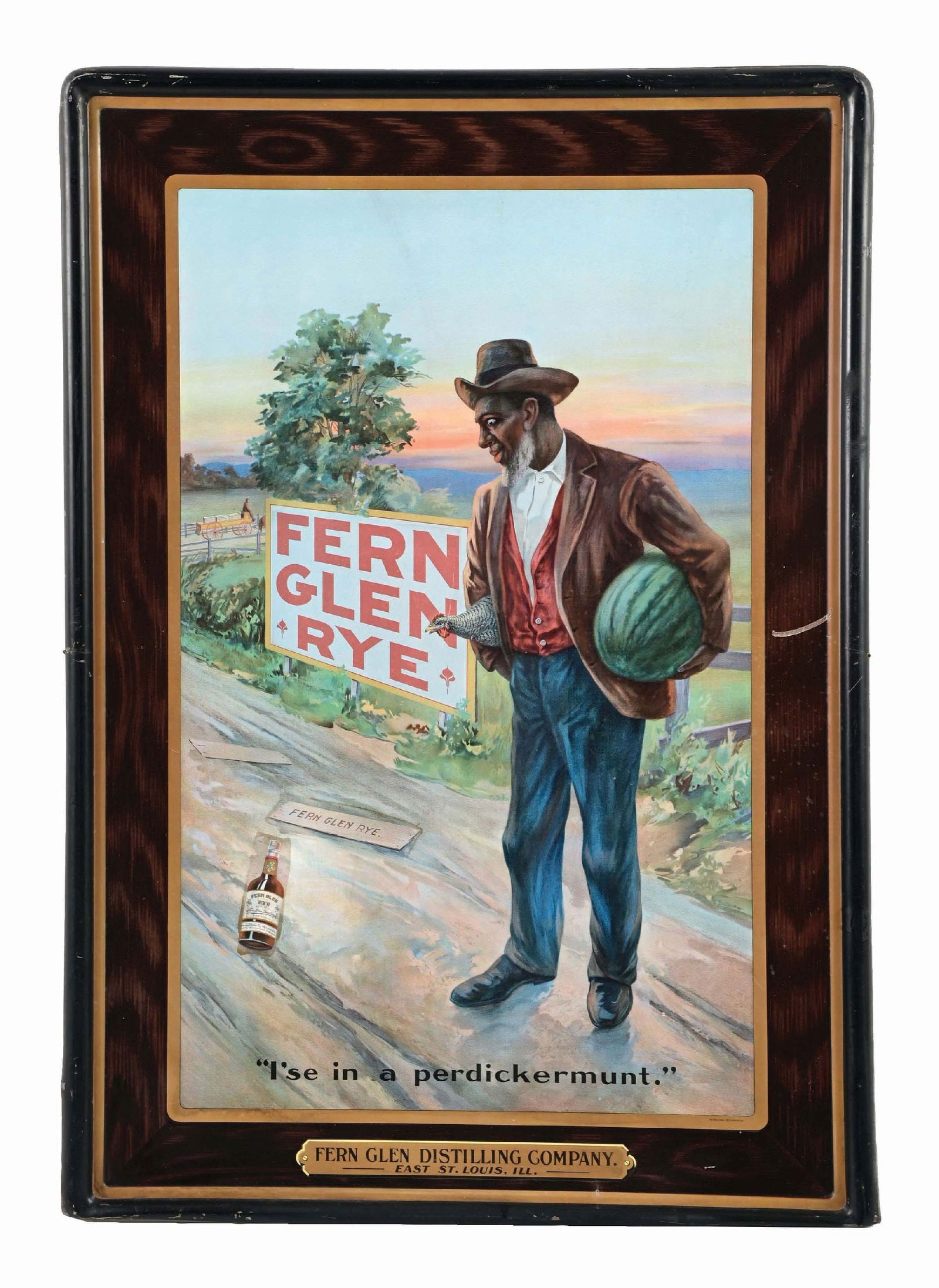 FERN GLEN RYE DISTILLING COMPANY SELF FRAMED TIN LITHOGRAPH SIGN: Pre-Prohibition. 1900s - 1910s. East St. Louis, IL. Extremely rare sign to find, titled "I'se in a perdickermunt.". Depicts a Black man walking on a dirt road holding a watermelon and chicken, looking