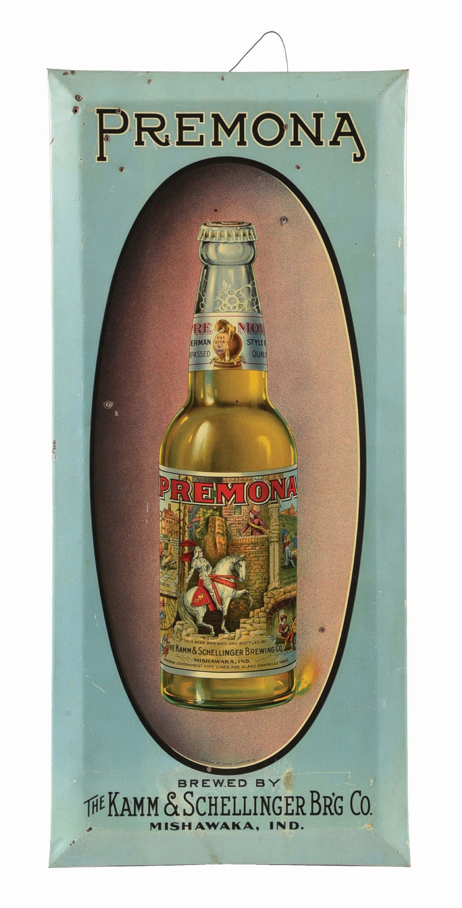 THE KAMM & SCHELLINGER BREWING CO. PREMONA BEER TIN OVER CARDBOARD SIGN (1 of 2)