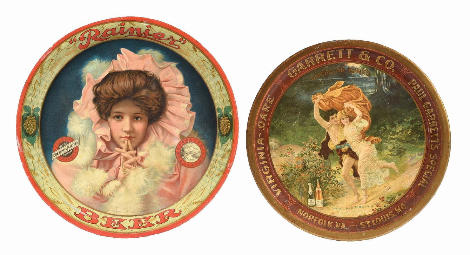 LOT OF 2: RAINIER BEER & GARRETT WINE TRAYS: (A) Rainier tray displays well, with some overall roughness to paint and bending to outer rim. "Copyright 1903" on bottom edge. (B) Garrett & Co. wine tray titled "Paul and Virginia" has overall rough