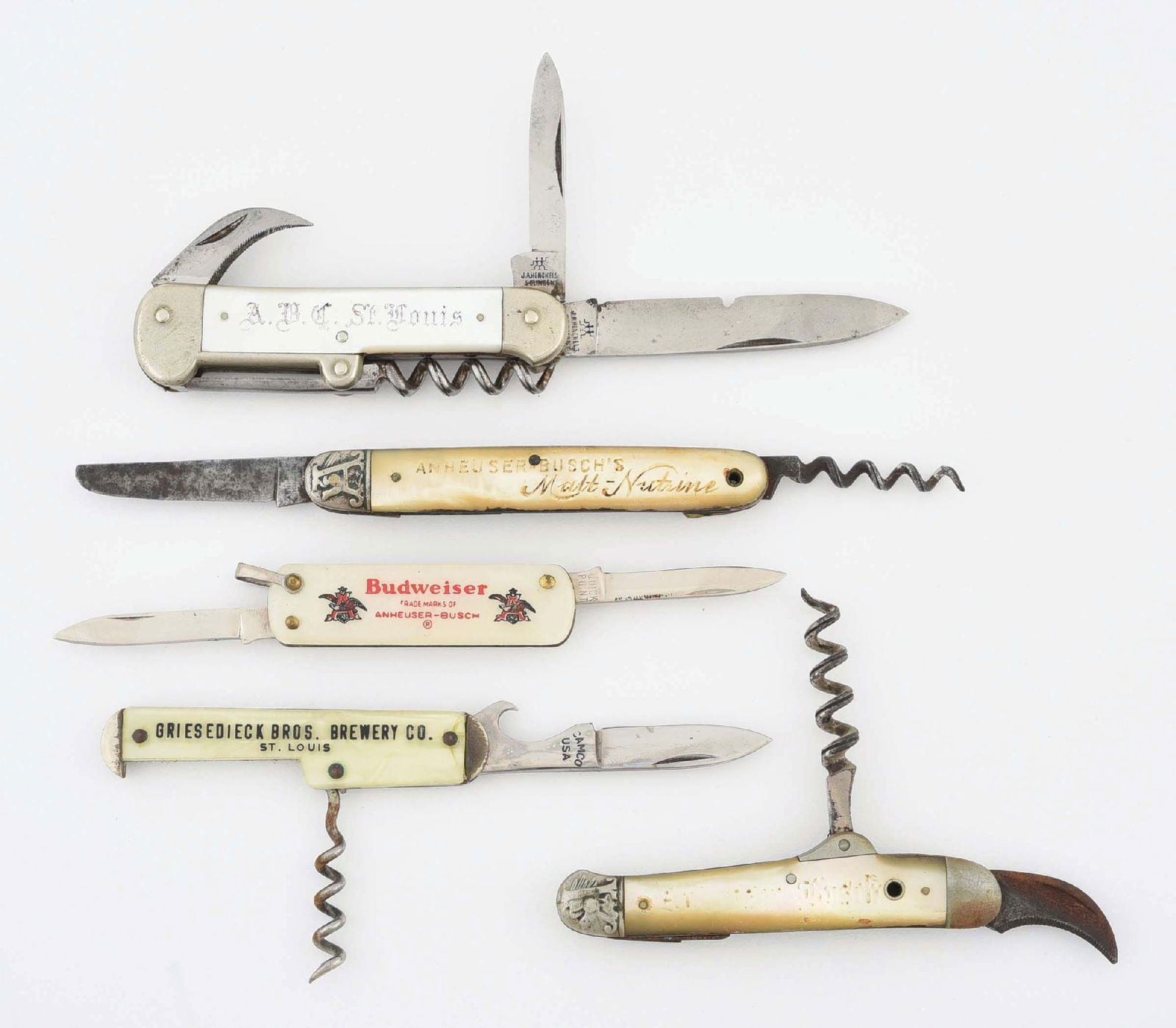 LOT OF 5: VARIOUS PEARL POCKET KNIFE, BOTTLE OPENERS & CORKSCREWS: Pre-Prohibition. Early 1900s to 1960s. Some very difficult to find examples on the ABC Beer and Malt Nutrine pocket knives. All have some general wear and fade. Condition: (6.0). - (8.0). Dimensions: