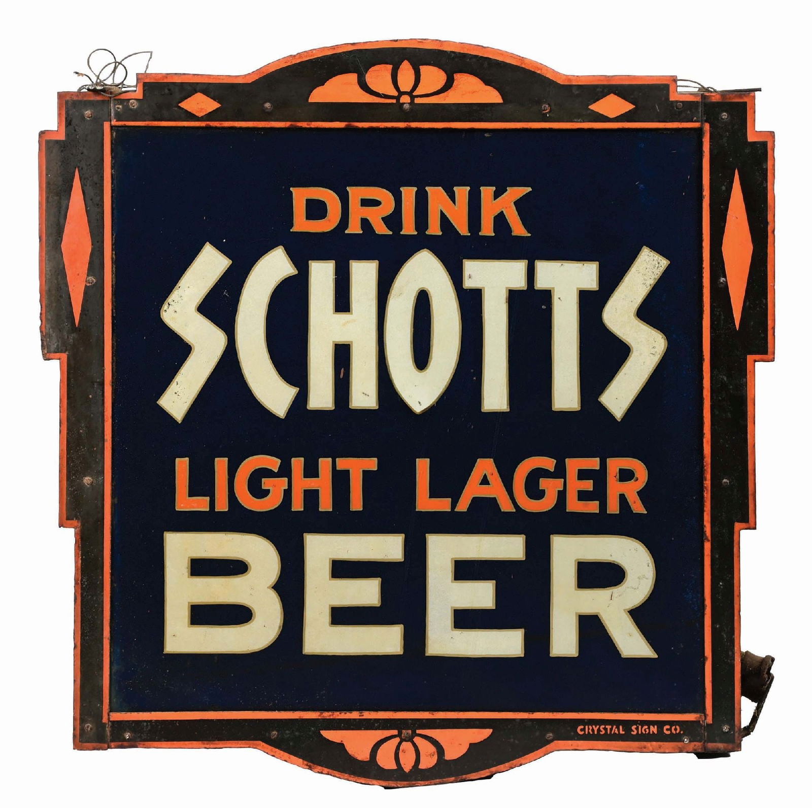 SCHOTTS LIGHT LAGER BEER DOUBLE-SIDED PORCELAIN & REVERSE GLASS OUTDOOR HANGING SIGN (1 of 4)