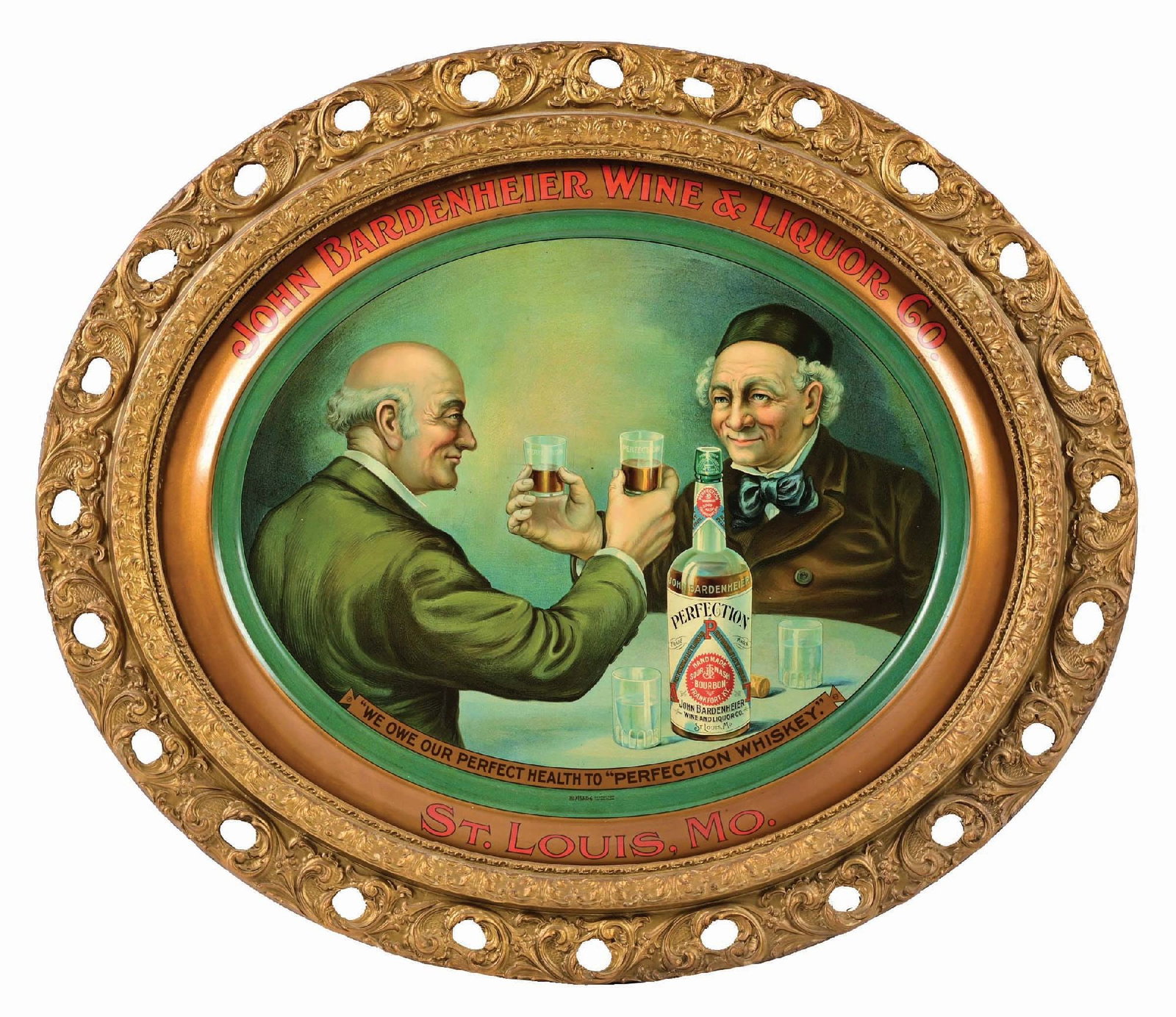 JOHN BARDENHEIER WINE & LIQUOR CO. SELF FRAMED OVAL TIN LITHOGRAPH SIGN: Pre-Prohibition. C. early 1900s. St. Louis, MO. Manufactured by the Meek Co. as marked on bottom edge. Solid example with nice bright colors and paint. CONDITION: Shows some light, general wear. Face 