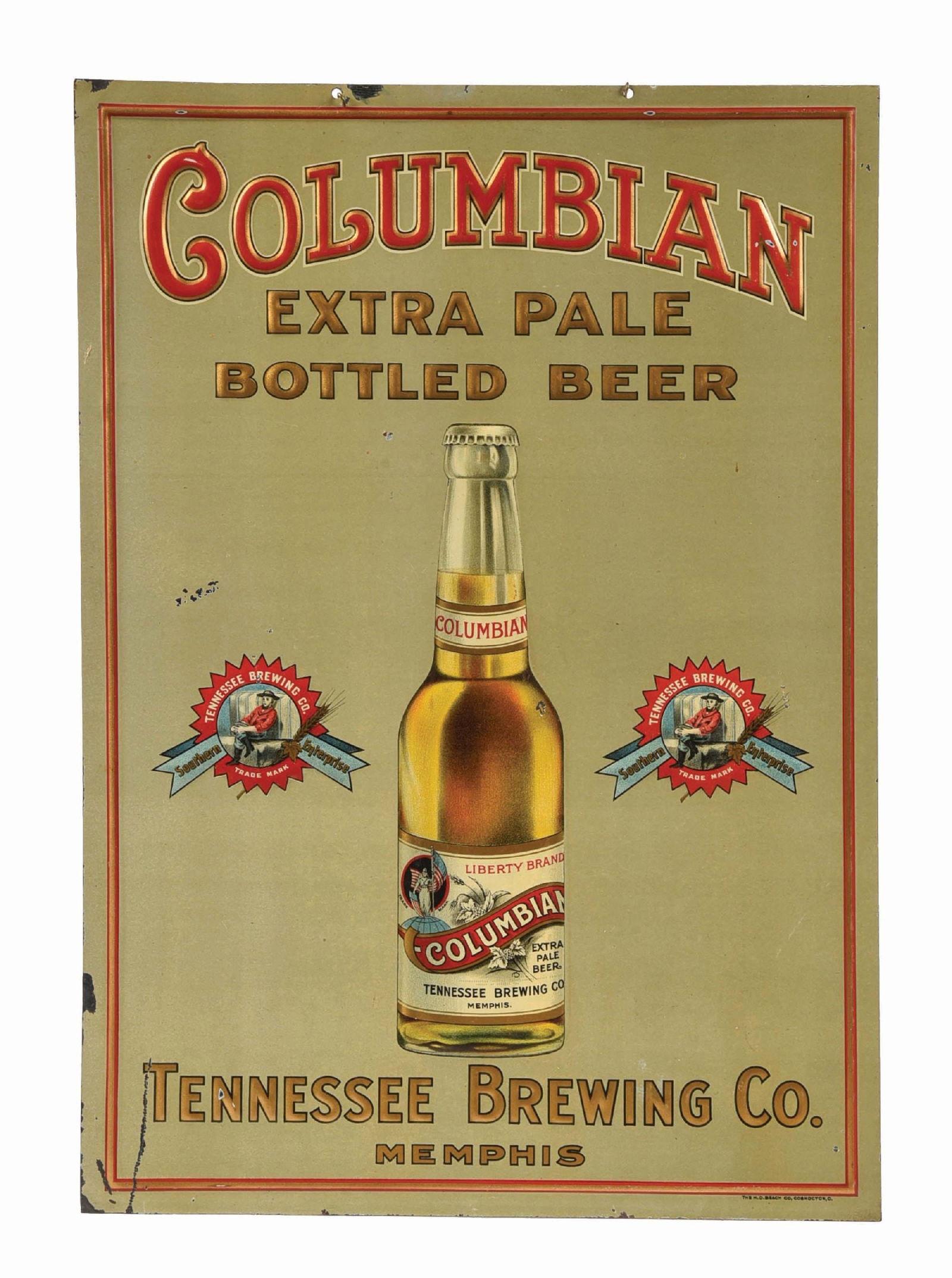 TENNESSEE BREWING CO. COLUMBIAN PALE BEER TIN LITHO HANGING SIGN (1 of 3)