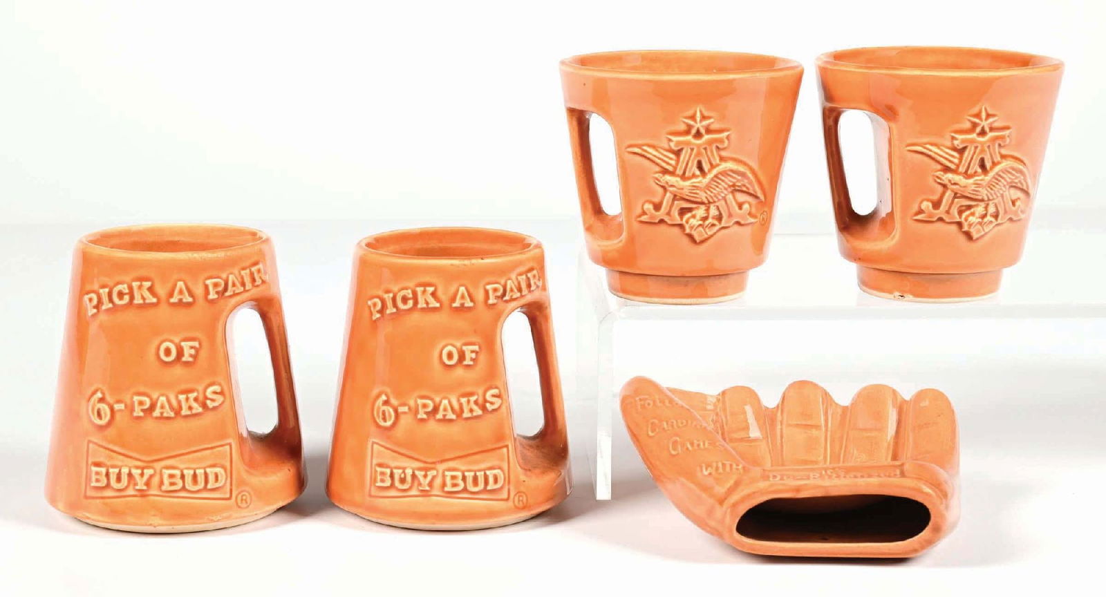 LOT OF 5: BUDWEISER & GRIESEDIECK BROS. CERAMIC GLASSES & BASEBALL GLOVE ASHTRAY (1 of 2)