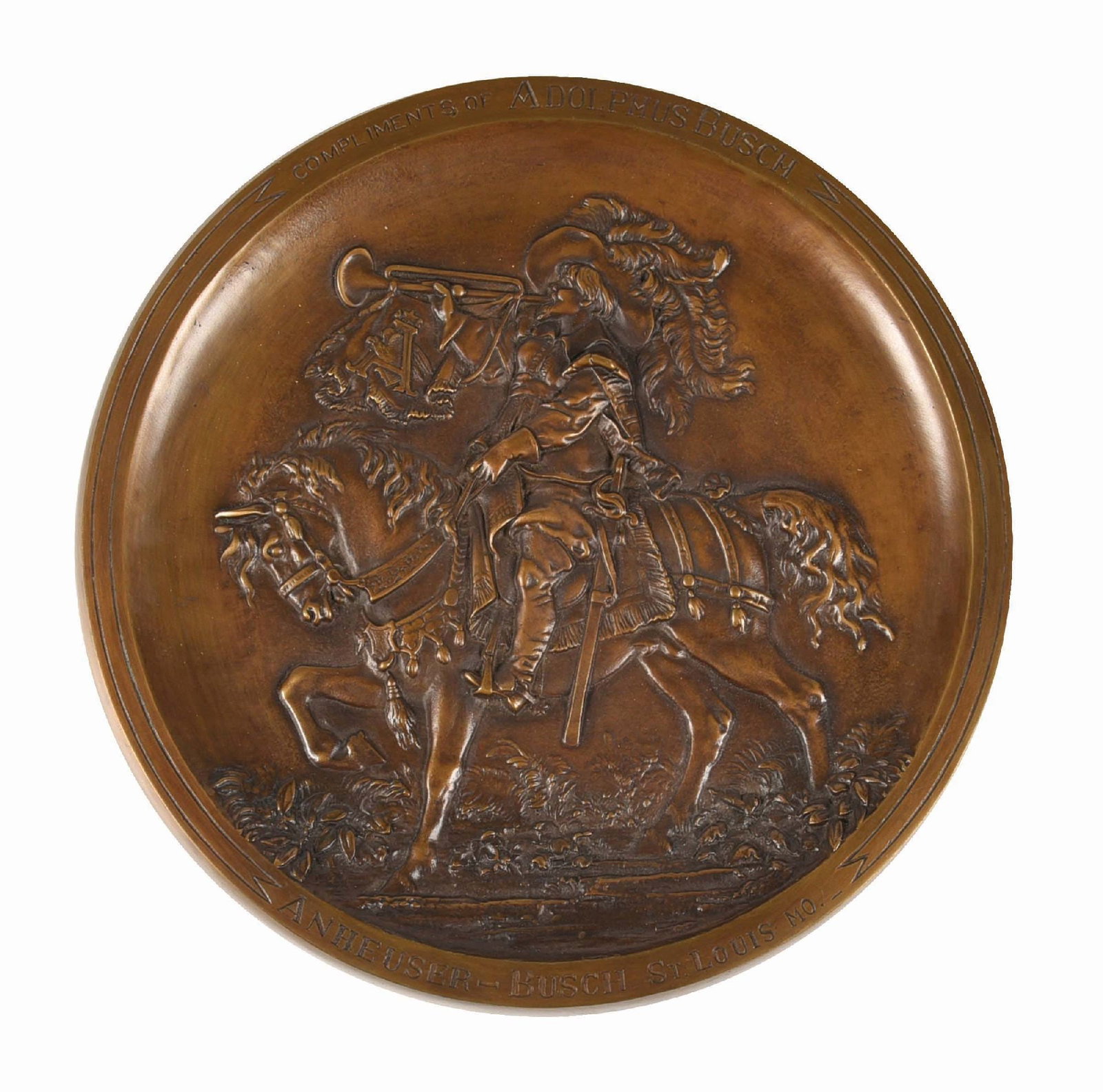COMPLIMENTS OF ANHEUSER-BUSCH BRONZE CAST CHARGER PLATE: Pre-Prohibition. Compliments of Adolphus-Busch heavy bonze plate. CONDITION: A clean example, with some light natural wear. Condition: (8). Dimensions: 12" Dia.