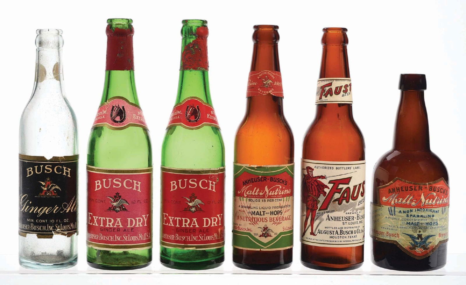 LOT OF 6: ANHEUSER-BUSCH GINGER ALE, MALT-NUTRINE & FAUST BEER LABELED BOTTLES (1 of 4)