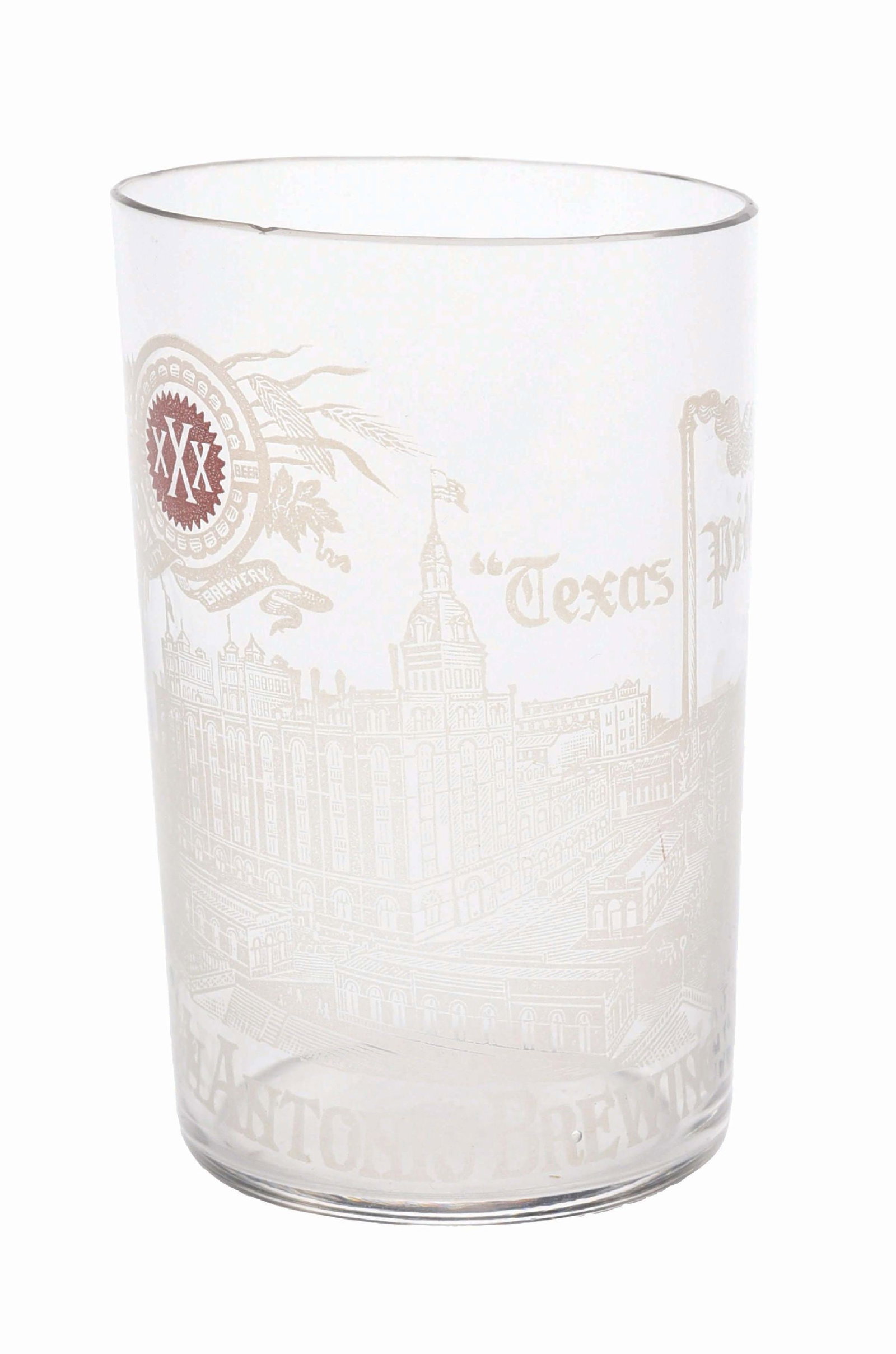 SAN ANTONIO BREWING ASSN. FACTORY SCENE ACID-ETCHED GLASS: Pre-Prohibition. Incredible detail to the factory scene. CONDITION: Strong color on the strike with red "XXX." There is one fleabite chip to the rim. Condition: (7.5). Dimensions: 2 - 1/4" x 2 - 1/4" 