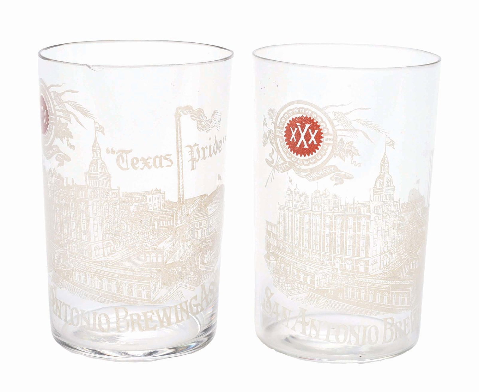 PAIR OF SAN ANTONIO BREWING ASSN. FACTORY SCENE ACID-ETCHED GLASSES: Both glasses are beautiful with extreme detail and have the red enamel "XXX" logo. CONDITION: One of the glasses has a minor fleabite chip to the rim. The other glass has a slight roughness on the fro