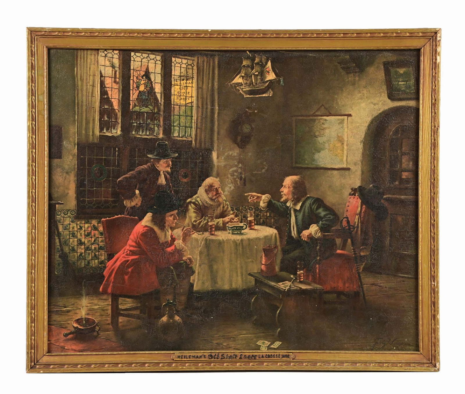 HEILEMAN'S OLD STYLE LAGER BEER CARDBOARD SIGN: La Crosse, WI. An old tavern scene of men talking. The cardboard has a painted presentation that looks like canvas. It is artist marked "Wagner" in the bottom right corner. CONDITION: A clean example,