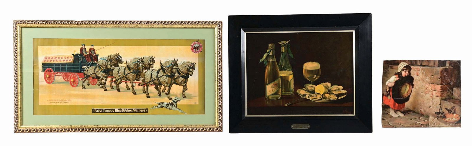 LOT OF 3: PABST BLUE RIBBON CARDBOARD ADVERTISING SIGNS: Pre-Prohibition - 1940s. CONDITION: (A) The oyster scene is a clean example, with some light wear and crackling to the cardboard. It has the original wood frame. (B) The "Baby's First Adventure" litho