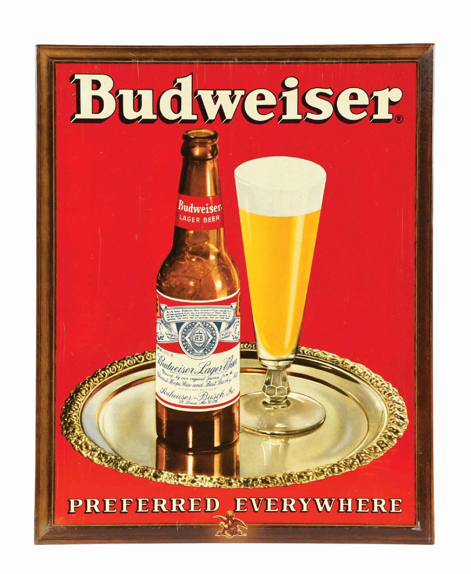 BUDWEISER TIN OVER CARDBOARD SIGN W/ BOTTLE AND GLASS GRAPHIC (1 of 2)