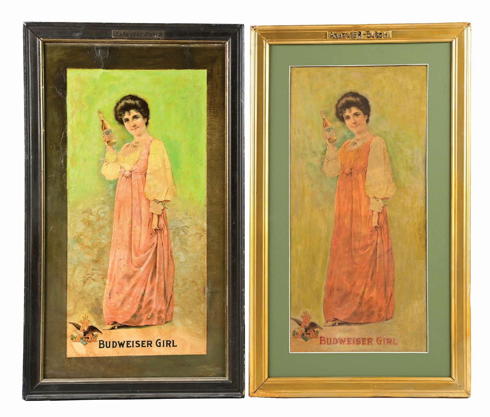 PAIR OF ANHEUSER-BUSCH BUDWEISER GIRL PINK DRESS HOSTESS LITHOGRAPHS (1 of 5)