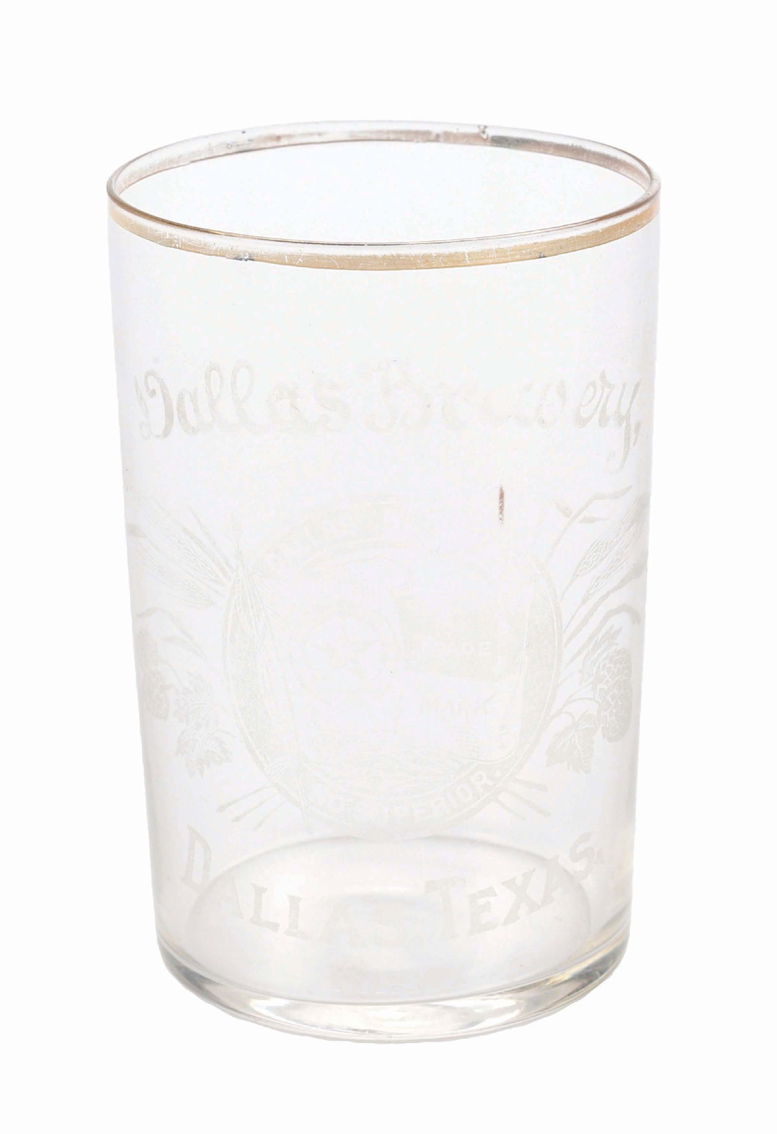 DALLAS BREWERY ACID-ETCHED GLASS: Pre-Prohibition. Dallas, Texas. CONDITION: Clean strike with some light fade. The gold rim is in nice condition. No chips or cracks. Condition: (7.5). Dimensions: 2 - 1/4" x 2 - 1/4" x 3 - 1/2".