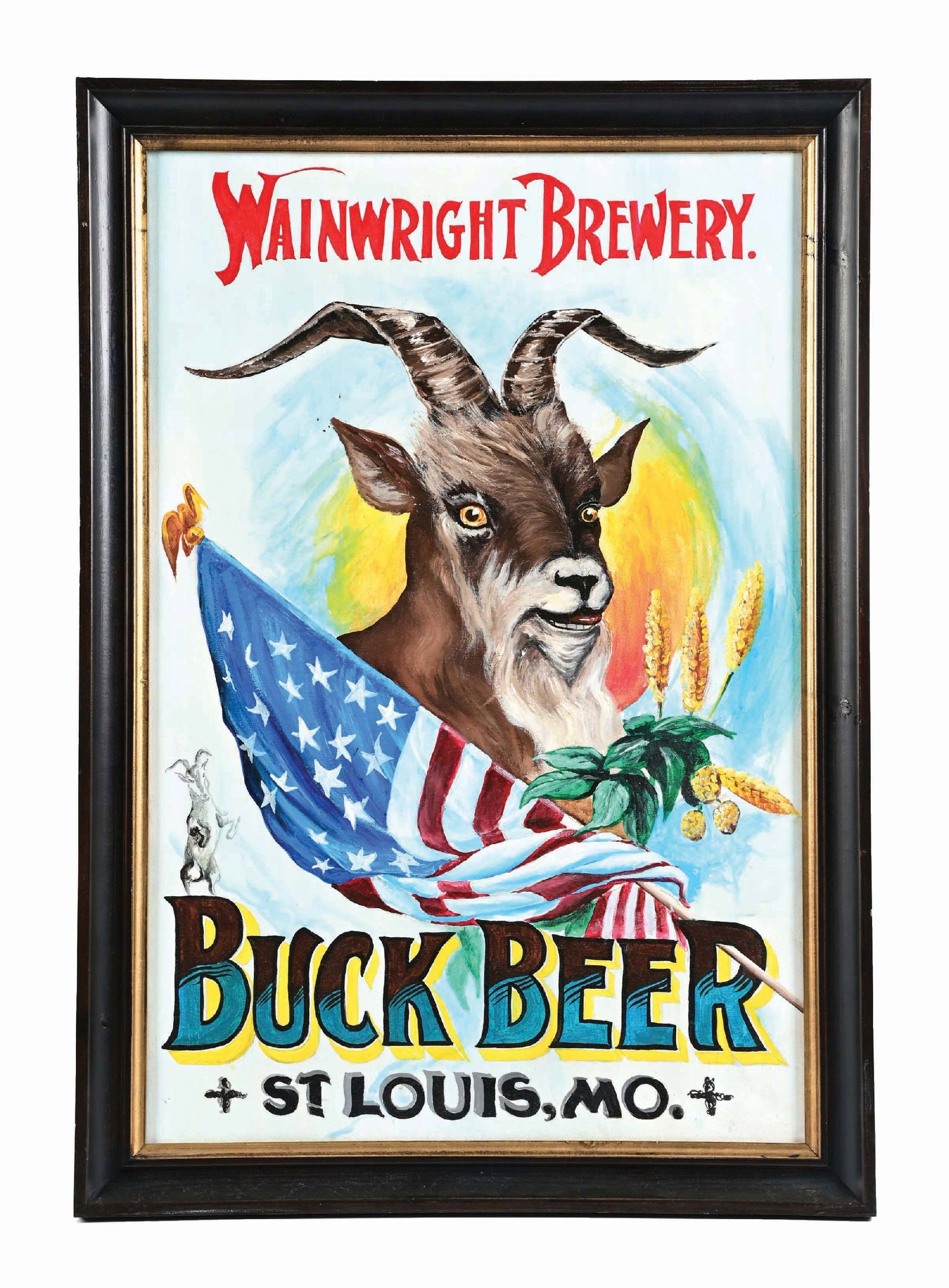 WAINWRIGHT BREWERY BUCK BEER PAINTING: The painting appears to be a more modern creation of a hand painted sign on a canvas. It is very well done. Condition: (8.5). Dimensions: Frame: 28 - 1/4" x 1 - 3/8" x 40 - 1/2".