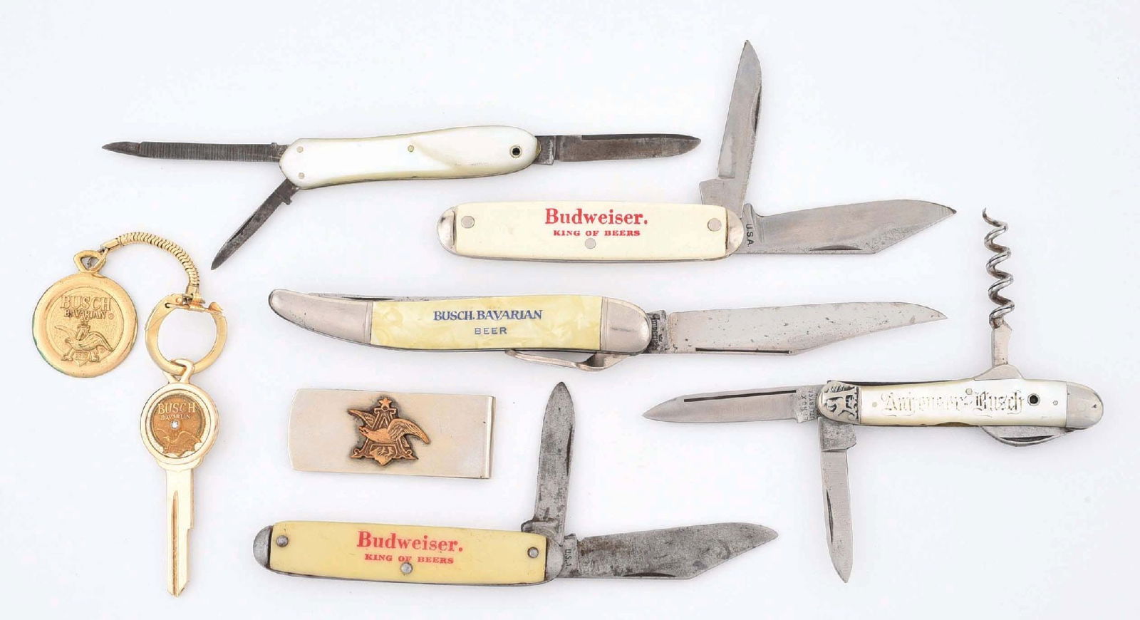 LOT OF 7: ANHEUSER-BUSCH BUDWEISER & BUSCH BEER POCKET KNIVES, MONEY CLIP & KEY CHAIN (1 of 2)