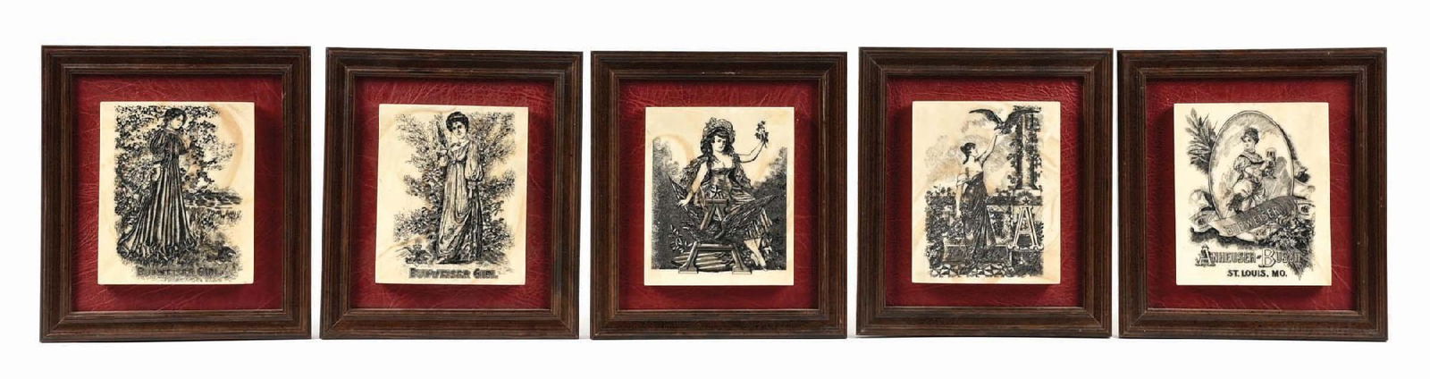 LOT OF 5: ANHEUSER-BUSCH ALABASTER ETCHED BUDWEISER GIRL FRAMED PICTURES (1 of 2)