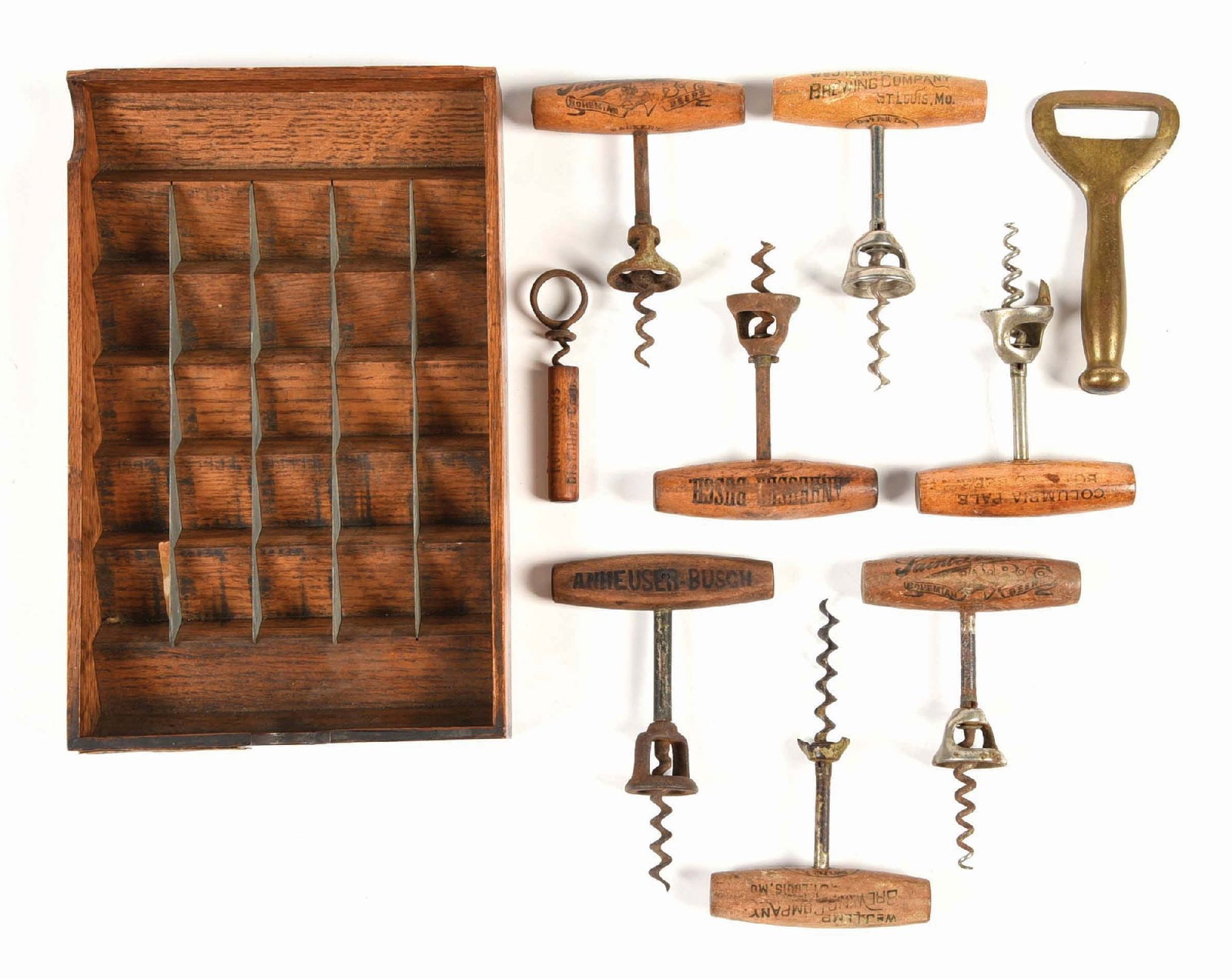 LOT OF MISCELLANEOUS CORKSCREWS: Pre-Prohibition. CONDITION: All show general use and wear throughout. Condition: (5.0 - 6.0) Dimensions: Box: 7" x 11" x 1 - 1/2".