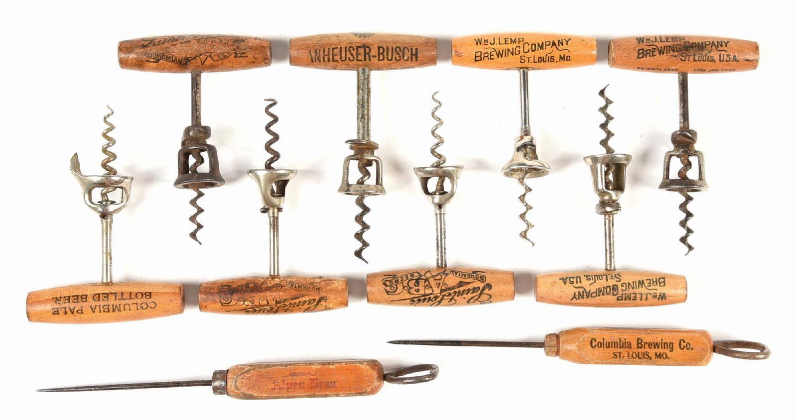 MISCELLANEOUS LOT OF BREWERY CORKSCREWS & ICE PICKS: Pre-Prohibition. CONDITION: All have overall wear and use. Condition: (6). Dimensions: 9 - 1/4" long