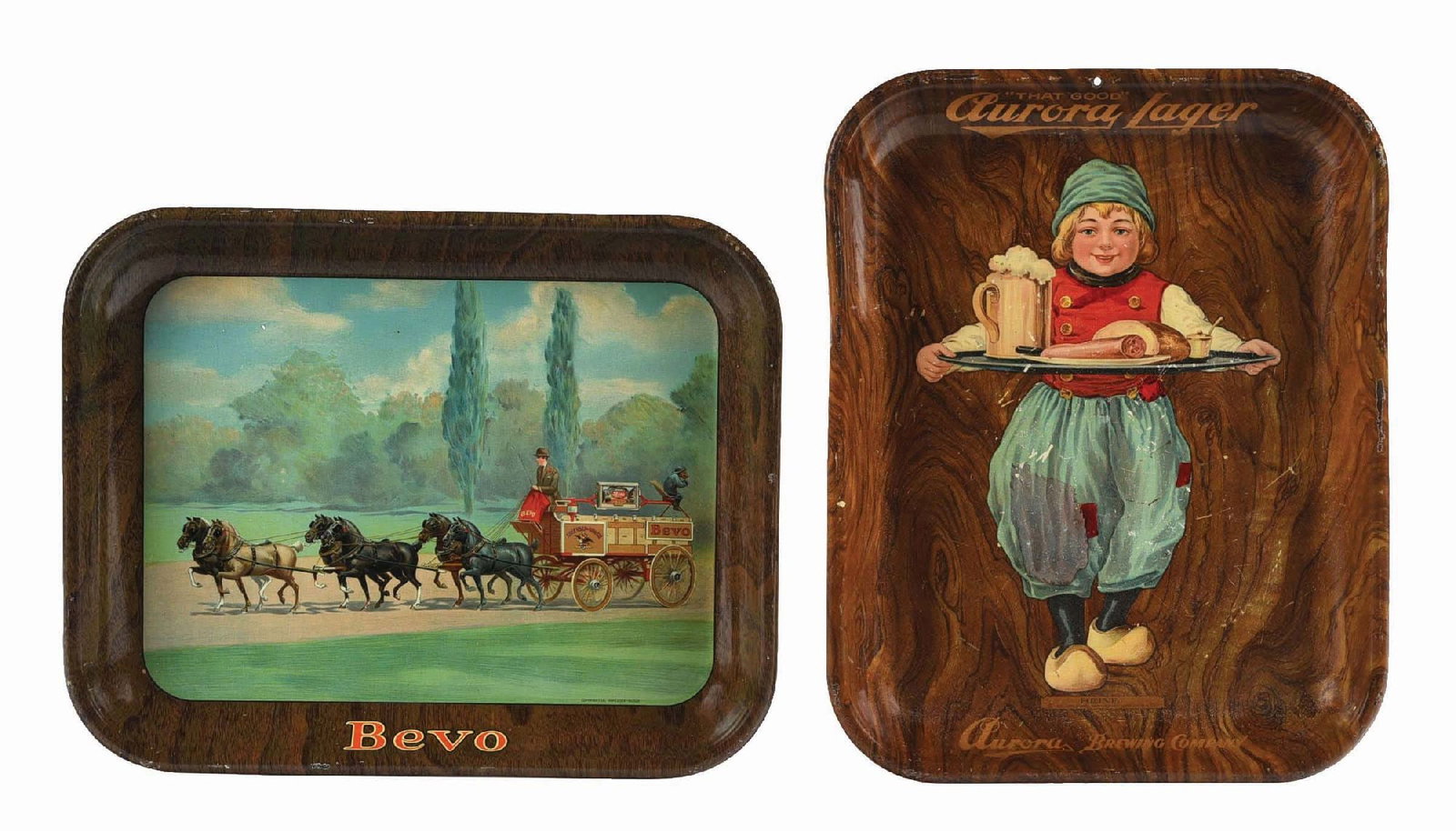 LOT OF 2: AURORA BREWING CO. & BEVO BEVERAGE TRAYS: (A) Aurora is copyrighted 1915. It has overall wear and scratching, as well as a tac hole at the top edge. (B) Bevo has some minor wear. Condition: (6.0 - 8.0) Dimensions: Each: 10 - 1/2" x 1" x 13 - 