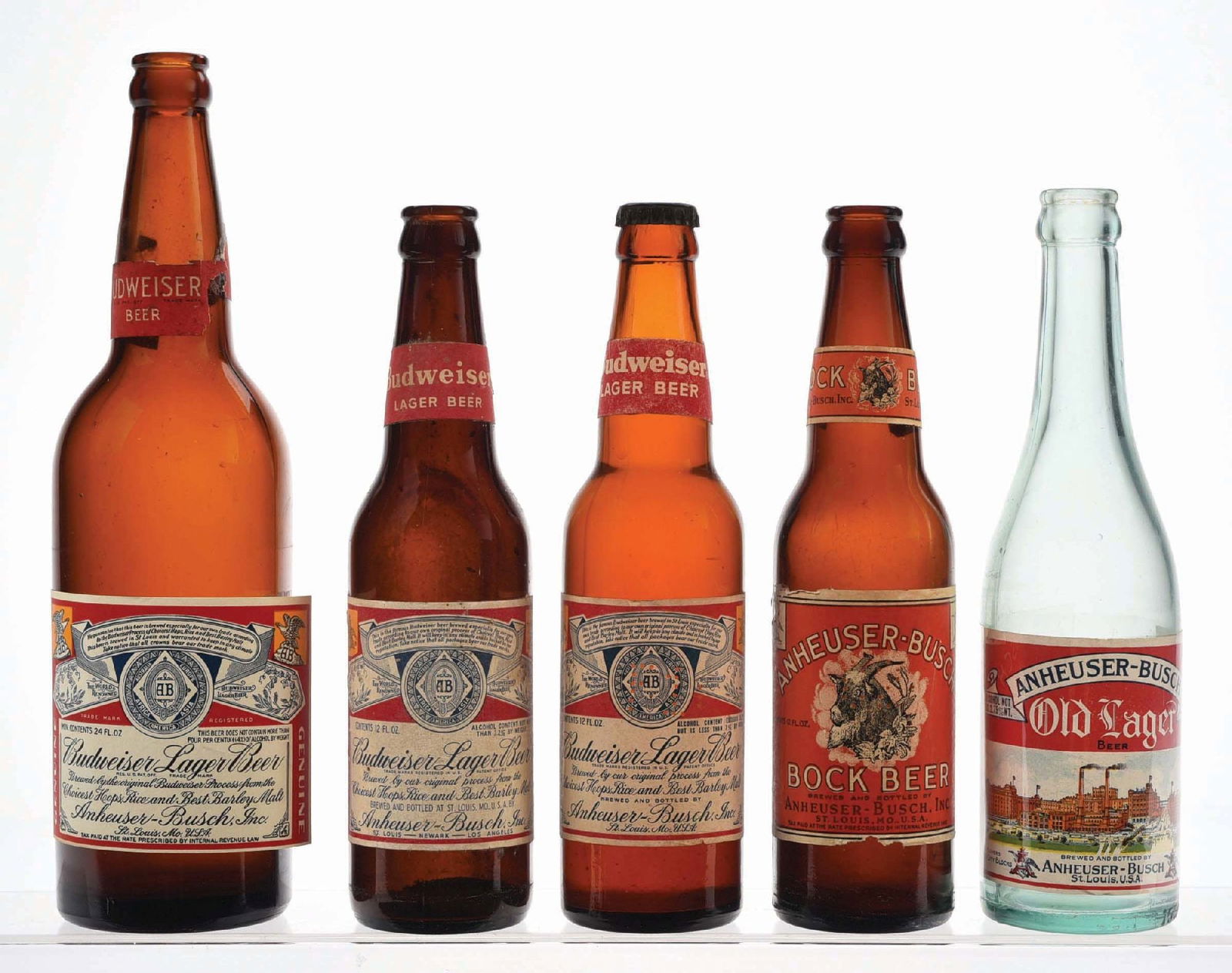 LOT OF 5: ANHEUSER-BUSCH BEER & LAGER LABELED BOTTLES (1 of 4)
