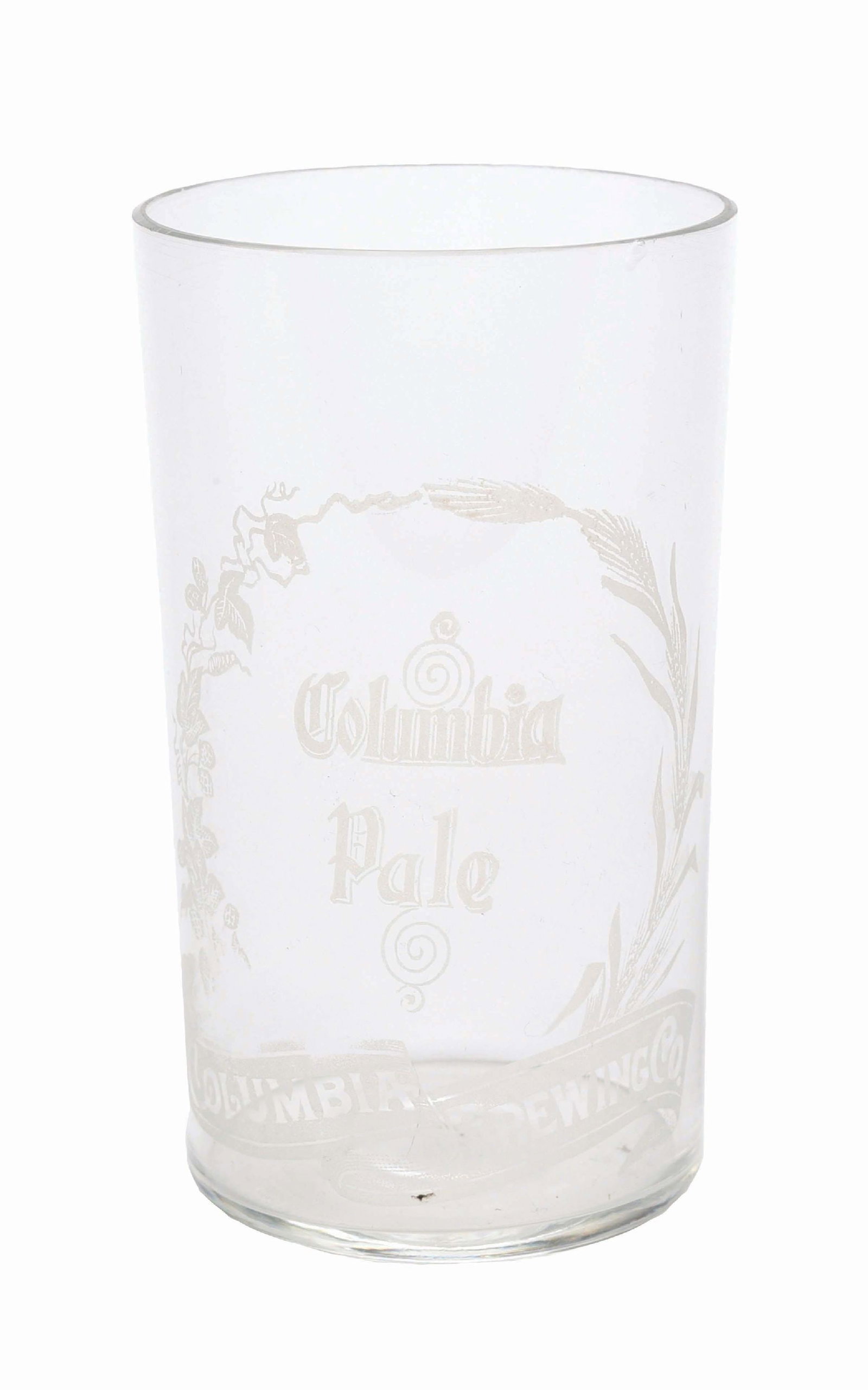 COLUMBIA BREWING CO. COLUMBIA PALE ACID-ETCHED GLASS: Pre-Prohibition. St. Louis, MO. CONDITION: Clean strike with only light wear. No chips or cracks to the glass. Condition: Dimensions: 4" T.
