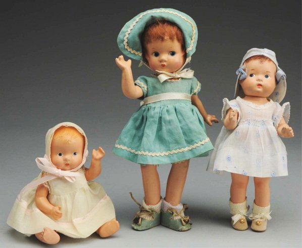 Lot of 3: Effanbee Dolls.: All composition fully marked with painted eyes, closed mouths and jointed neck, shoulders and hips. “Patsyette” with short mohair wig (sparse bangs, soil, light crazing), original cotton dress, ha