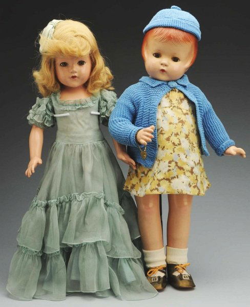 Lot of 2: Effanbee Dolls.: Both are all composition fully marked, with lashed sleeping eyes, jointed neck, shoulders and hips. “Patsy Lou” (faded eyes, a few scuffs, paint crazed on one leg), vintage dress and shoes, F & B