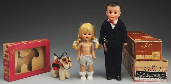 Lot of 3: Vogue Dolls.: Boxed painted lash “Ginny” walker in original box marked “Undressed Walking Doll/Braid/Bl” with “Hi I’m Ginny” insert and paper with instructions how to make her walk. “Jeff” in orig