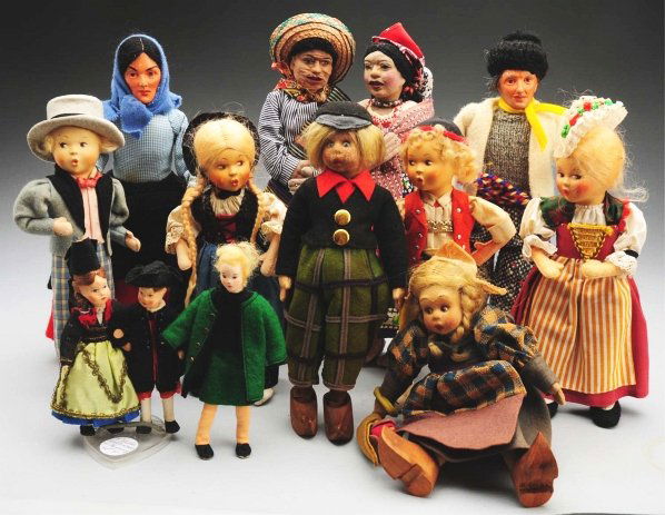 Lot of 13: Lenci & Travel Dolls.: Lenci Dutch boy with label (darkened face), lovely original costume; Lenci Dutch girl with label and flower (sleeves and part of apron replaced); Irish man and lady by Jay of Dublin, all original; Mex